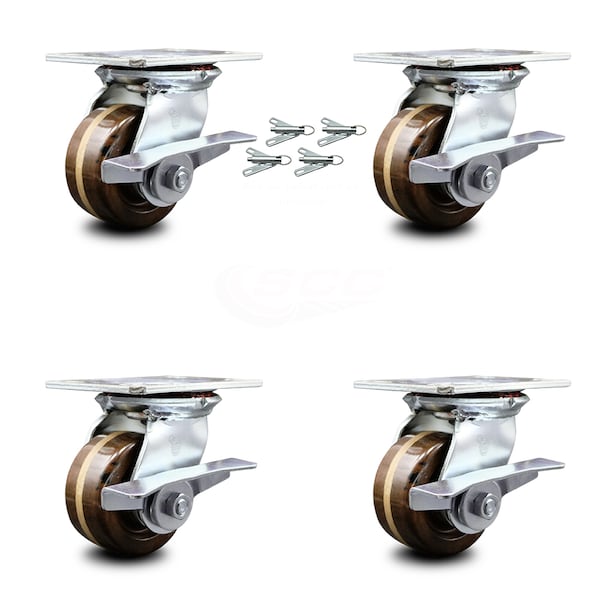 4 Inch High Temp Phenolic Caster Set with Roller Bearing and Brakes/Swivel Locks